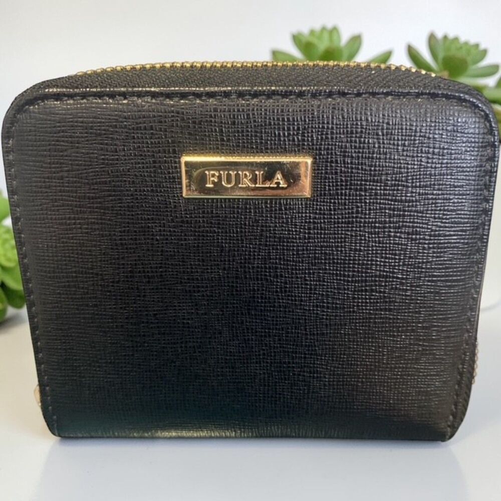 Furla Black and Gold Zip-Around Leather Wallet